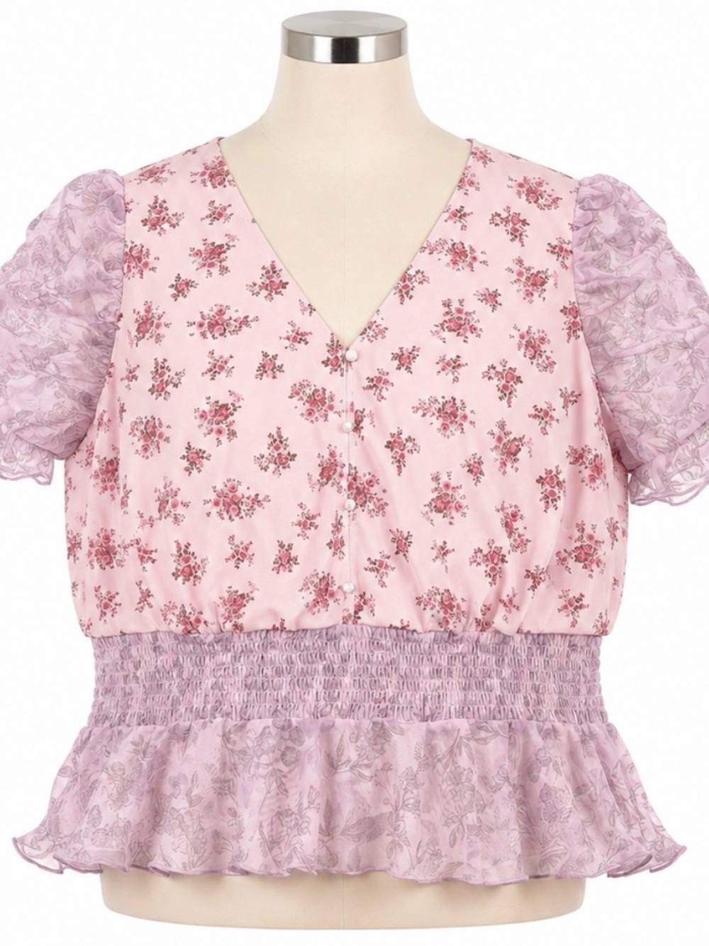 Floral Pink V-Neck Smocked Peplum Blouse